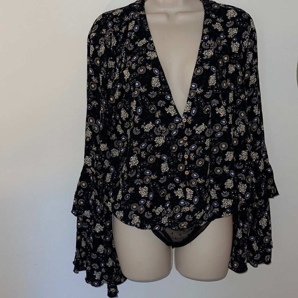 Free People Black and Cream Floral Bodysuit
